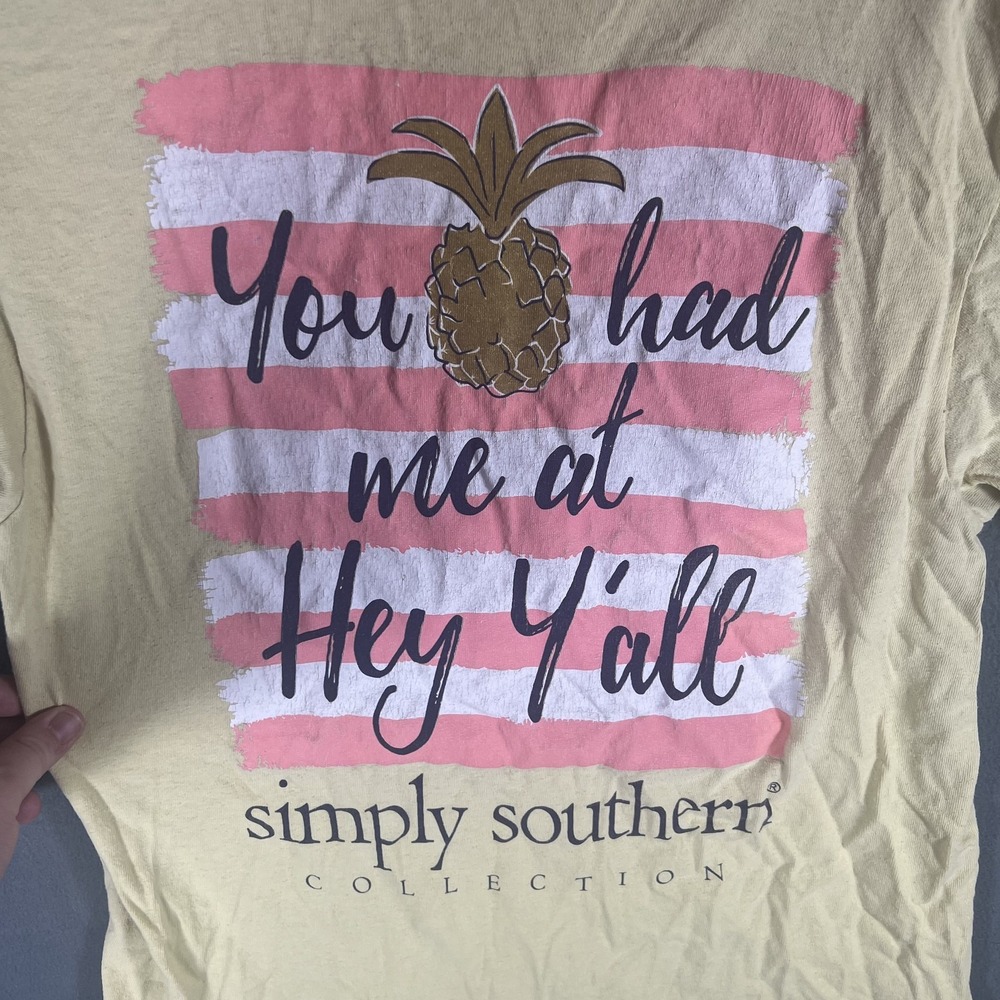 Simply Southern Women's Yellow Pineapple Graphic T-Shirt "You Had Me At Hey - Picture 6 of 7